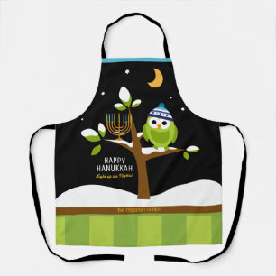 Cute Hanukkah Owl & Menorah Snowy Tree Night Apron