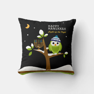 Cute Hanukkah Owl & Menorah Snowy Tree Night Cushion