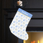 Cute Hanukkah Pattern Personalised Jewish Kids<br><div class="desc">Beautiful Hanukkah stocking in pretty white and pale blue with a cool pattern of Judaism star,  dreidel for fun Chanukah games,  and the Jewish menorah for the holiday. Customise with your kids name in white on the baby blue stripe.</div>