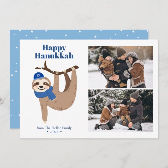 Cute Hanukkah Sloth 2 Photo Collage Holiday Card (Front/Back)