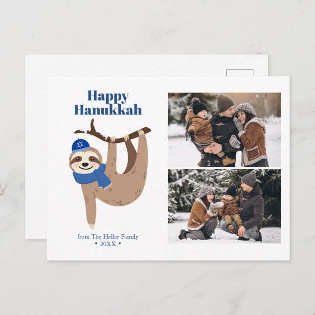 Cute Hanukkah Sloth 2 Photo Collage Holiday Postcard (Front/Back)