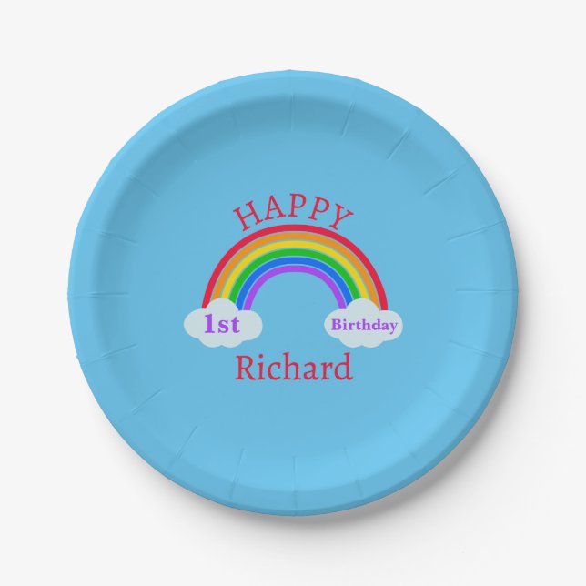 Cute Happy 1st Birthday Rainbow Blue Party Paper Plate (Front)