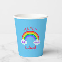 Cute Happy 1st Birthday Rainbow Clouds Blue Party