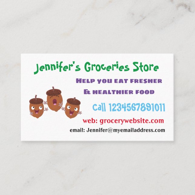 Cute happy acorns singing cartoon for kids business card (Front)