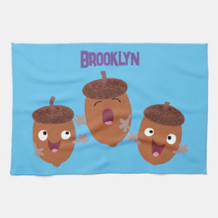 Cute happy acorns singing cartoon for kids tea towel