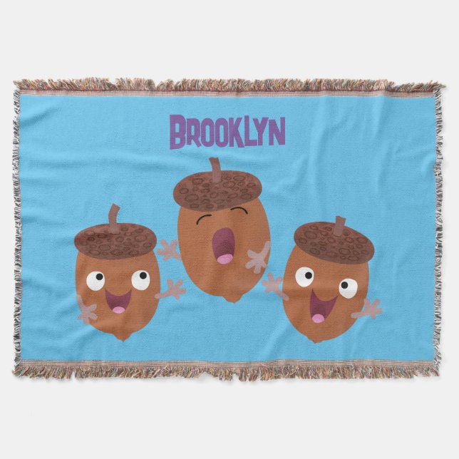 Cute happy acorns singing cartoon for kids throw blanket (Front)