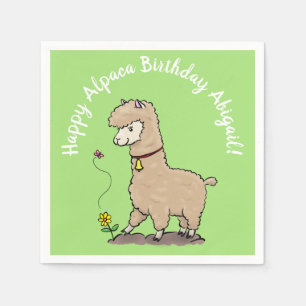 Cute happy alpaca with butterfly birthday cartoon napkin