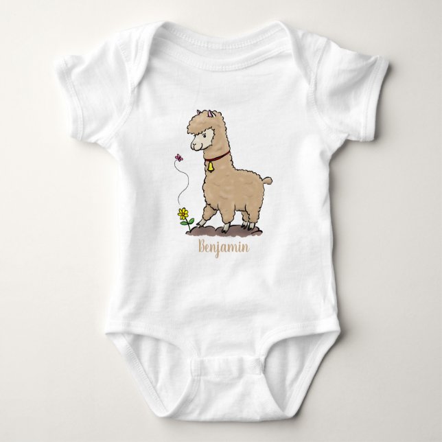 Cute happy alpaca with butterfly cartoon baby bodysuit (Front)