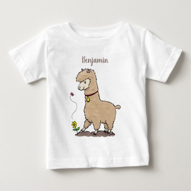 Cute happy alpaca with butterfly cartoon baby T-Shirt (Front)