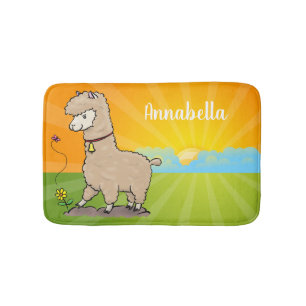 Cute happy alpaca with butterfly cartoon bath mat