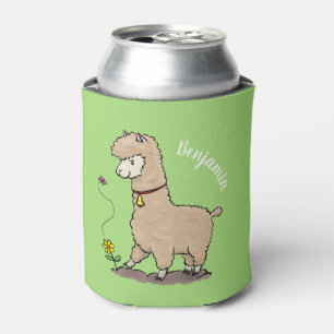Cute happy alpaca with butterfly cartoon can cooler