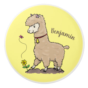 Cute happy alpaca with butterfly cartoon ceramic knob