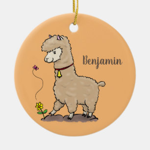 Cute happy alpaca with butterfly cartoon ceramic tree decoration