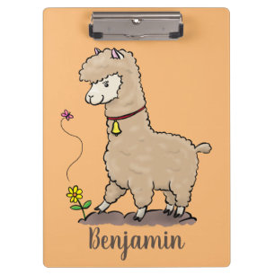 Cute happy alpaca with butterfly cartoon clipboard