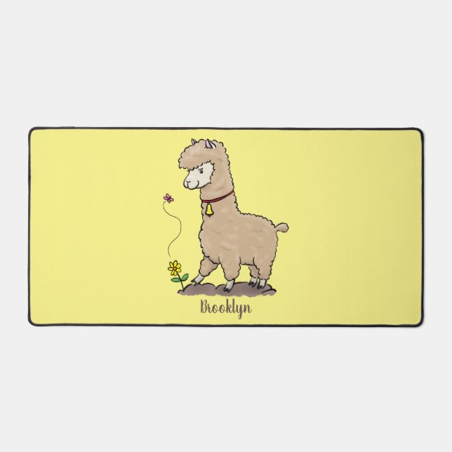 Cute happy alpaca with butterfly cartoon desk mat (Front)