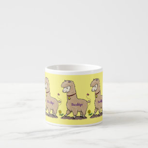 Cute happy alpaca with butterfly cartoon espresso cup