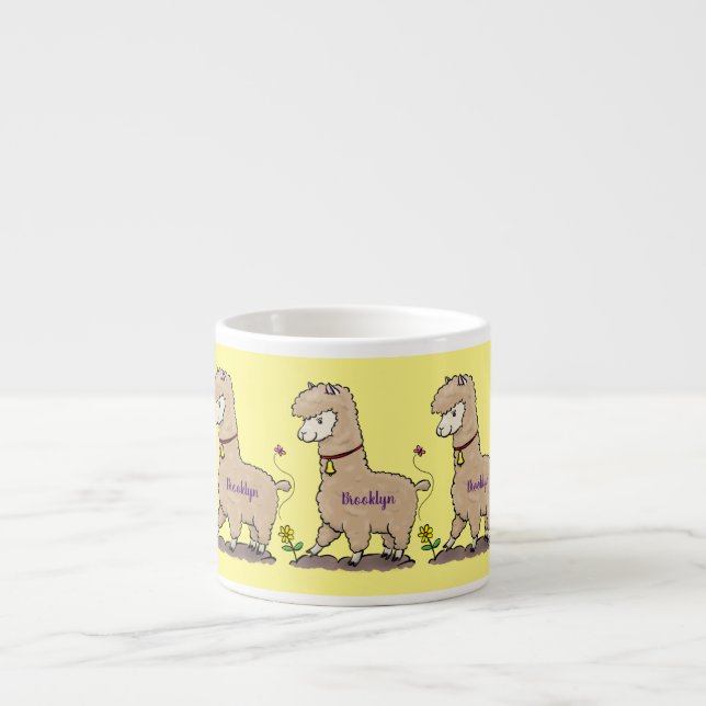 Cute happy alpaca with butterfly cartoon espresso cup (Front)