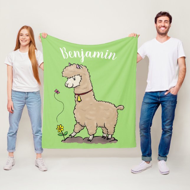 Cute happy alpaca with butterfly cartoon fleece blanket (In Situ)