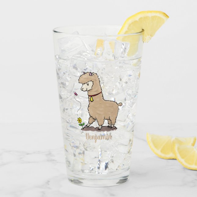 Cute happy alpaca with butterfly cartoon glass (Back Ice)