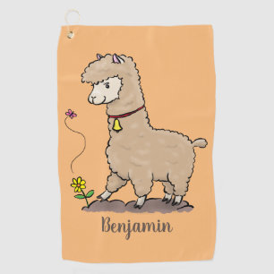 Cute happy alpaca with butterfly cartoon golf towel
