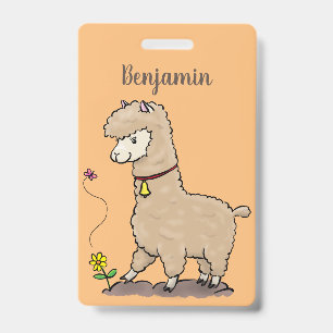 Cute happy alpaca with butterfly cartoon ID badge