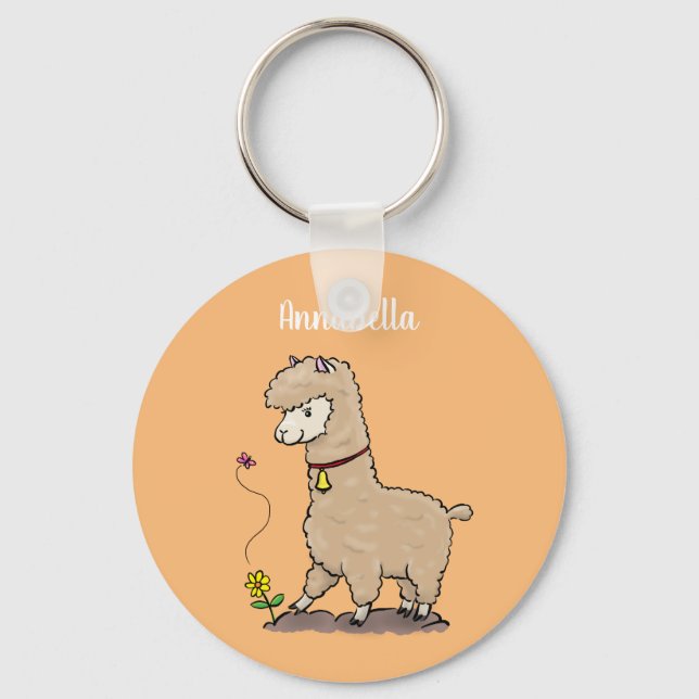Cute happy alpaca with butterfly cartoon key ring (Front)