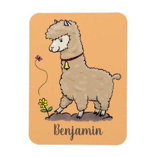 Cute happy alpaca with butterfly cartoon magnet