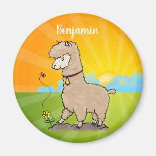 Cute happy alpaca with butterfly cartoon magnet