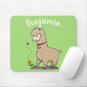 Cute happy alpaca with butterfly cartoon mouse pad