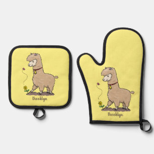 Cute happy alpaca with butterfly cartoon oven mitt & pot holder set