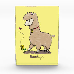 Cute happy alpaca with butterfly cartoon photo block