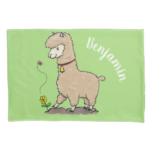 Cute happy alpaca with butterfly cartoon pillowcase