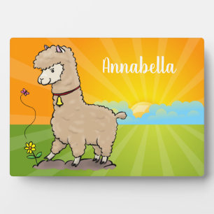 Cute happy alpaca with butterfly cartoon plaque