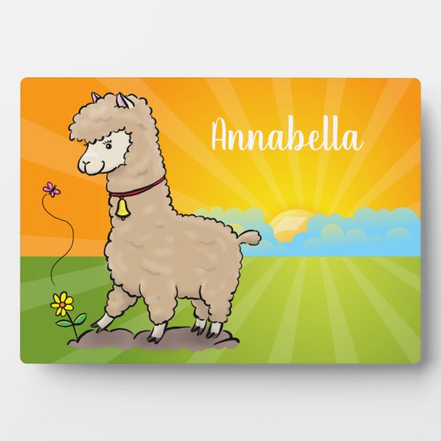 Cute happy alpaca with butterfly cartoon plaque (Front)