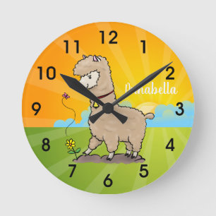 Cute happy alpaca with butterfly cartoon round clock