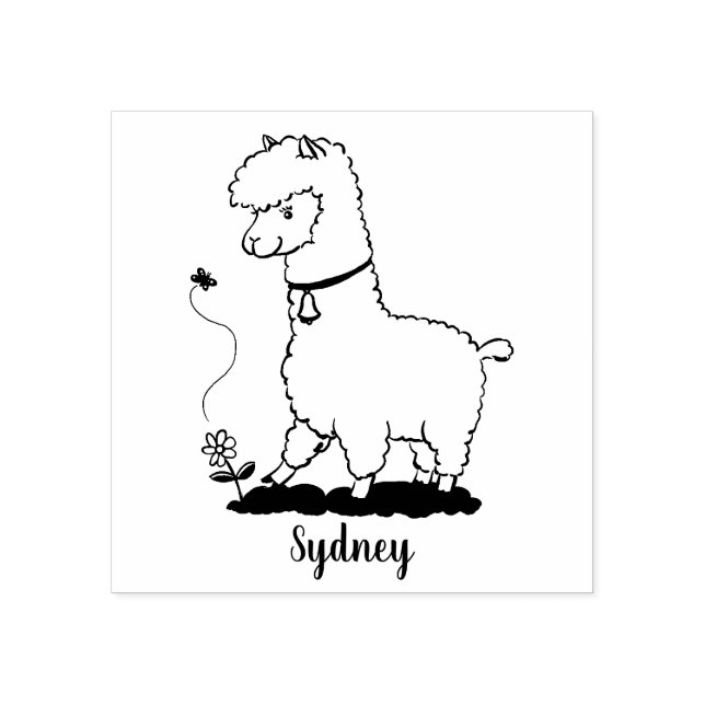 Cute happy alpaca with butterfly cartoon rubber stamp (Imprint)