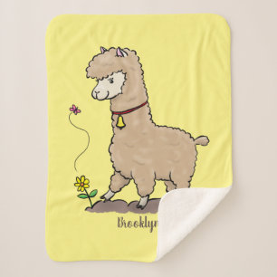 Cute happy alpaca with butterfly cartoon sherpa blanket