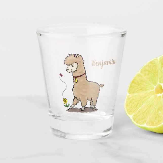 Cute happy alpaca with butterfly cartoon shot glass (Front)