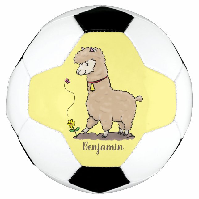 Cute happy alpaca with butterfly cartoon soccer ball (Front)