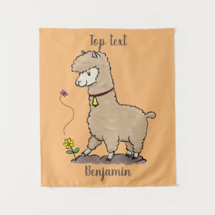 Cute happy alpaca with butterfly cartoon tapestry