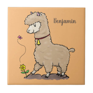 Cute happy alpaca with butterfly cartoon tile