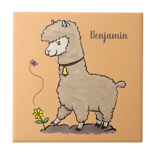 Cute happy alpaca with butterfly cartoon tile (Front)