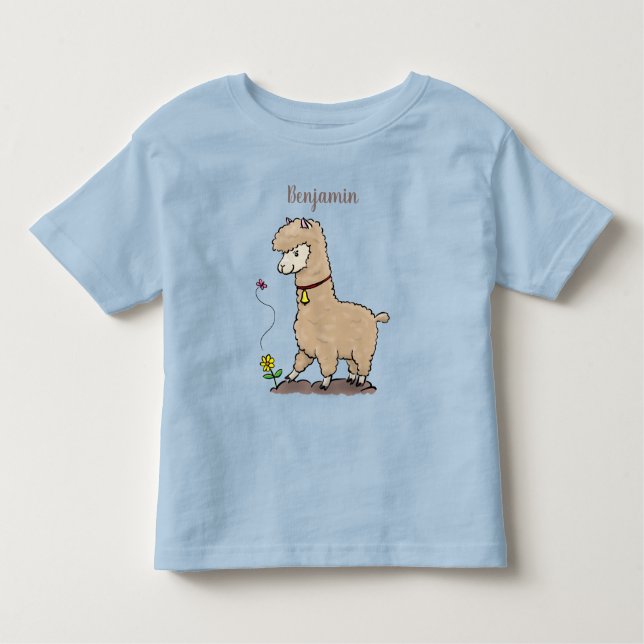 Cute happy alpaca with butterfly cartoon toddler T-Shirt (Front)