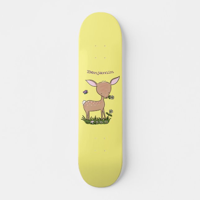Cute happy baby deer cartoon illustration skateboard (Front)