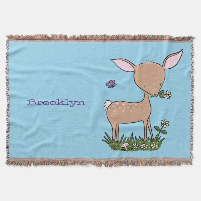 Cute happy baby deer cartoon illustration throw blanket (Front)