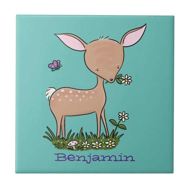 Cute happy baby deer cartoon illustration tile (Front)