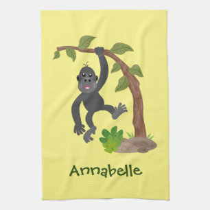Cute happy baby gorilla cartoon illustration tea towel