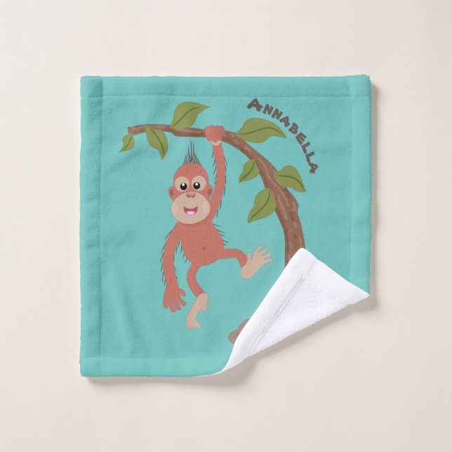 Cute happy baby orangutan cartoon illustration bath towel set (Wash Cloth)