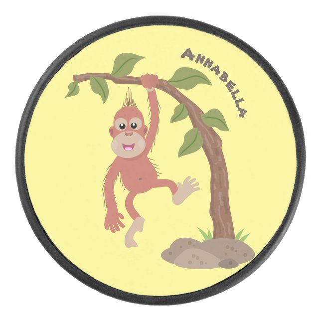 Cute happy baby orangutan cartoon illustration hockey puck (Front)