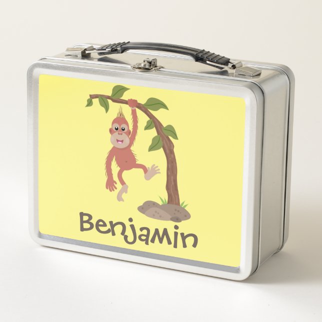 Cute happy baby orangutan cartoon illustration metal lunch box (Front)